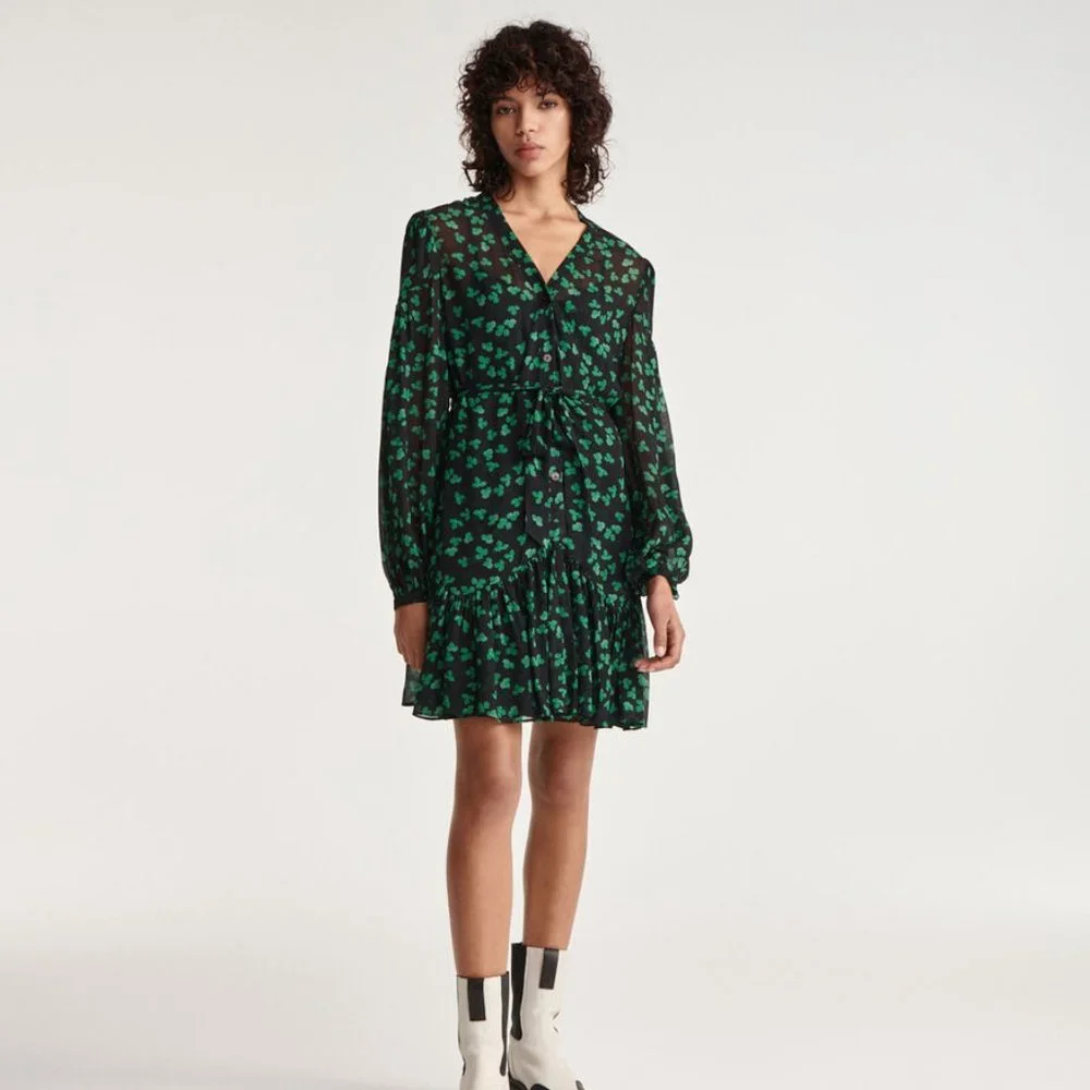 The kooples SHORT BLACK DRESS WITH GREEN PATTERN AND BELT